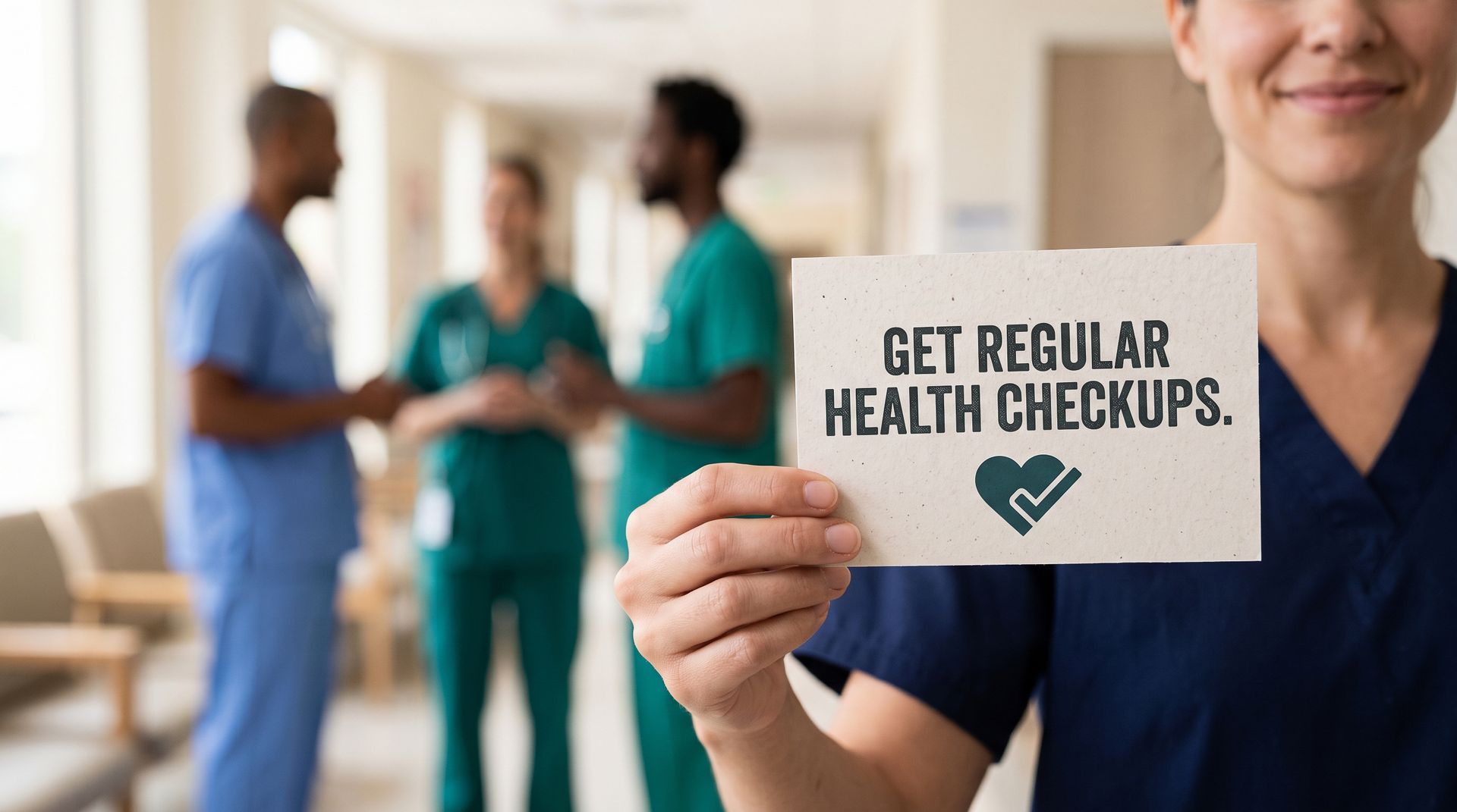 Person holding card that reads “Get regular health checkups” in a clinic hallway
