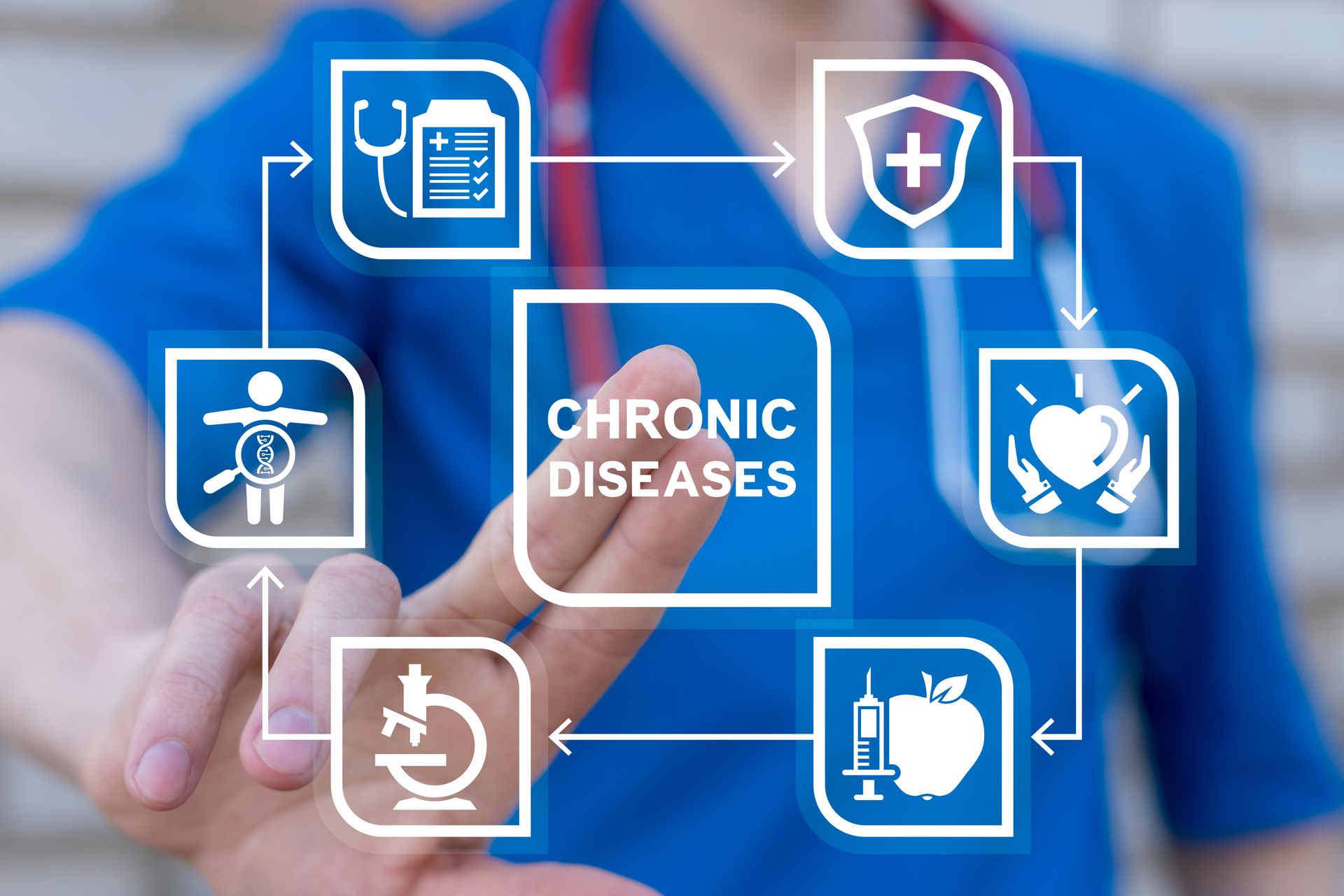 Healthcare icons around “Chronic Diseases” on a blue medical background