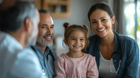 Smiling family sitting together in a bright room, with a child centered between two adults.