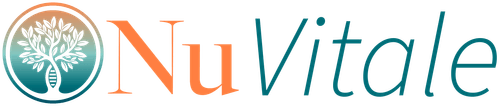 NuVitale logo with teal floral emblem and orange-green text on white background