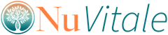 NuVitale logo with teal floral emblem and orange-green text on white background