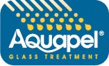 Aquapel Glass Treatment logo on blue background with white text and diagonal cream lines