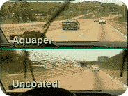 Split-screen of a road: top labeled “Aquapel,” bottom “Uncoated,” showing rain beading and clearer visibility above.