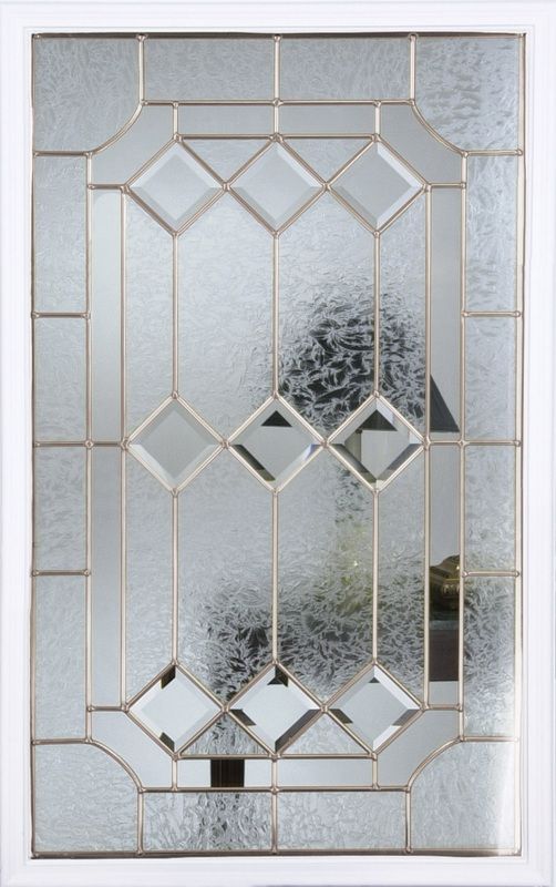 Decorative frosted glass door panel with geometric diamond leaded design and white trim