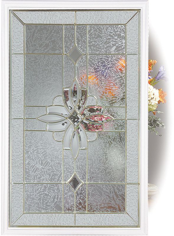 Decorative frosted glass door panel with floral etched design and leaded border
