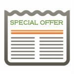 Special offer flyer with green title and orange highlight lines over gray text blocks