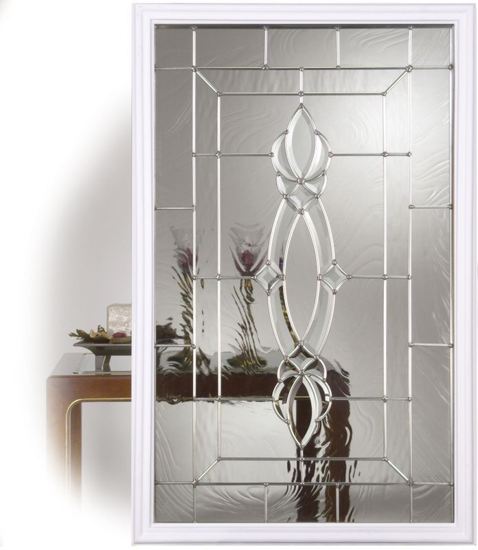Decorative frosted glass door with etched floral pattern and geometric border