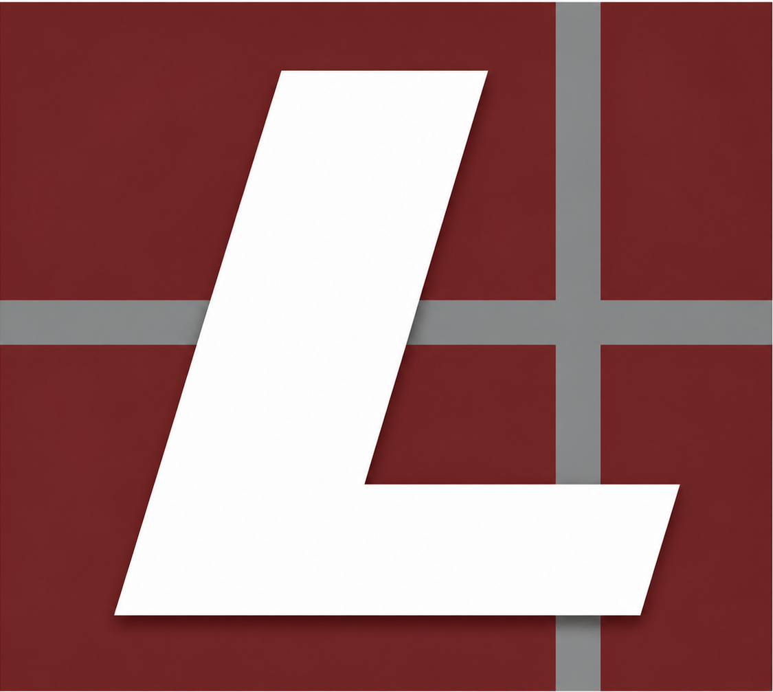 White stylized letter L on a dark red background with gray grid lines