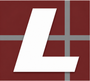 White stylized letter L on a dark red background with gray grid lines