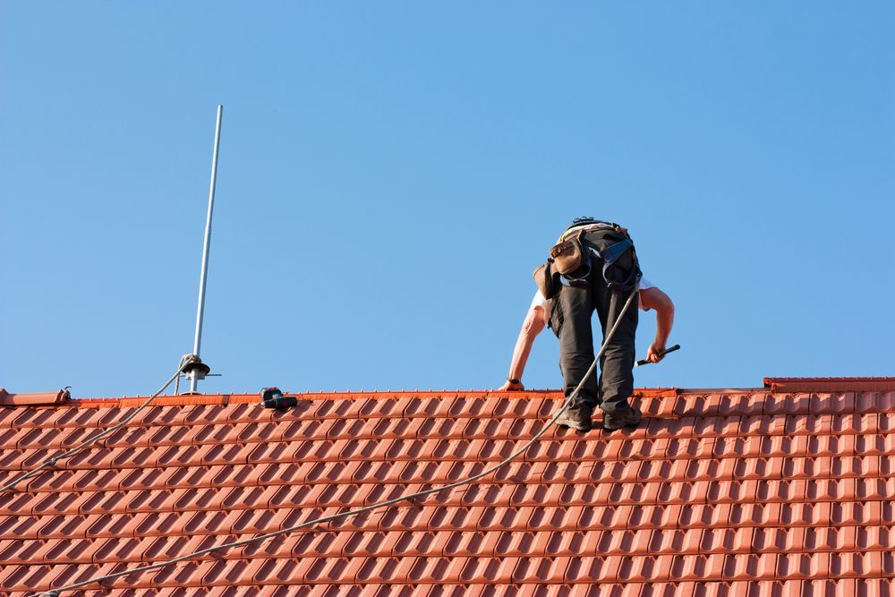 Two Roofers in Hard Hats and Safety Harnesses Working on A Metal Roof — Geoff Hall Roofing in Laurieton, NSW