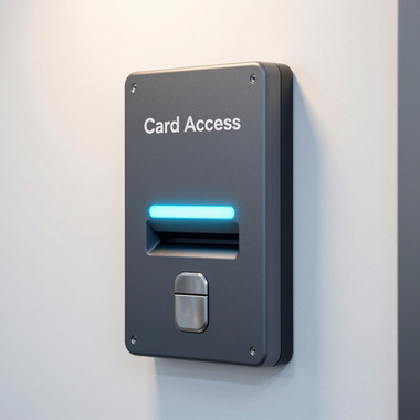 Two white door contact sensors mounted on a wooden door frame.