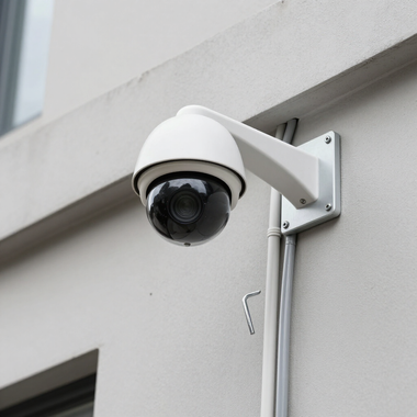 White security camera mounted on a building wall under an overhang