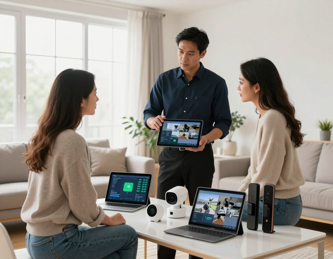 Three people reviewing video call devices in a bright living room, with tablets and a monitor on a coffee table