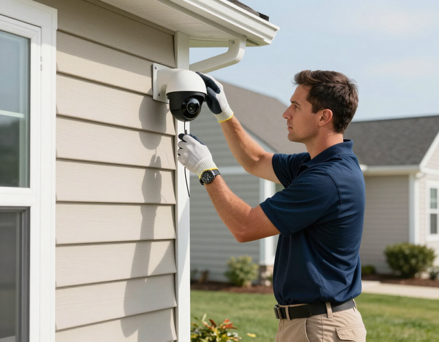 Man installing a security camera on a house exterior wall