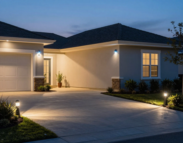 Modern suburban house exterior at dusk with lit windows, driveway, garage, and landscaped front yard