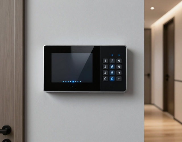 Wall-mounted security keypad with screen on a hallway wall