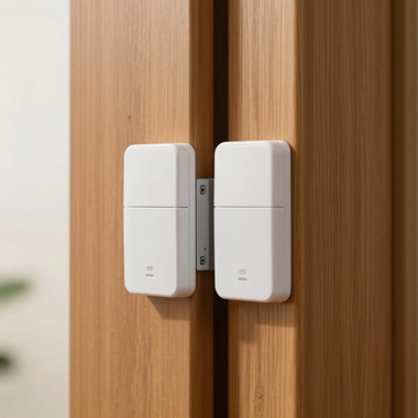Two white door contact sensors mounted on a wooden door frame.