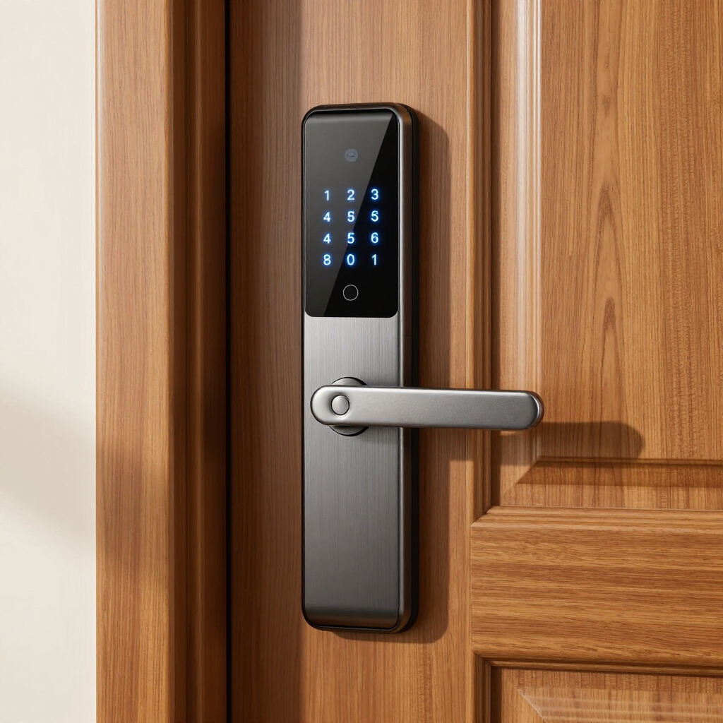 Modern silver video doorbell with keypad mounted on a stone wall beside a wooden door