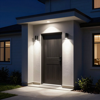Front entrance of a house at dusk, with a dark door, wall sconces, and a lit porch.