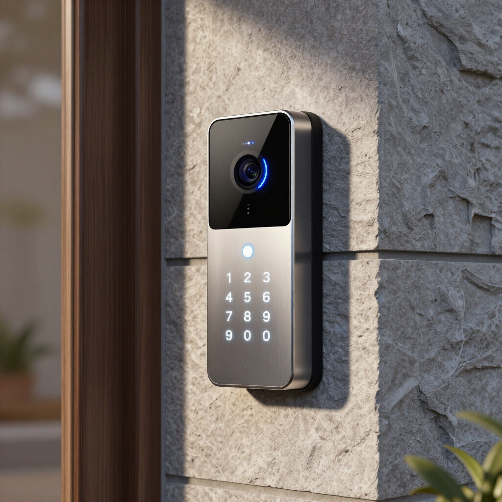 Modern silver video doorbell with keypad mounted on a stone wall beside a wooden door