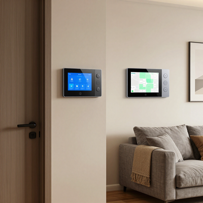 Modern living room with two wall-mounted smart home control panels beside a gray sofa.