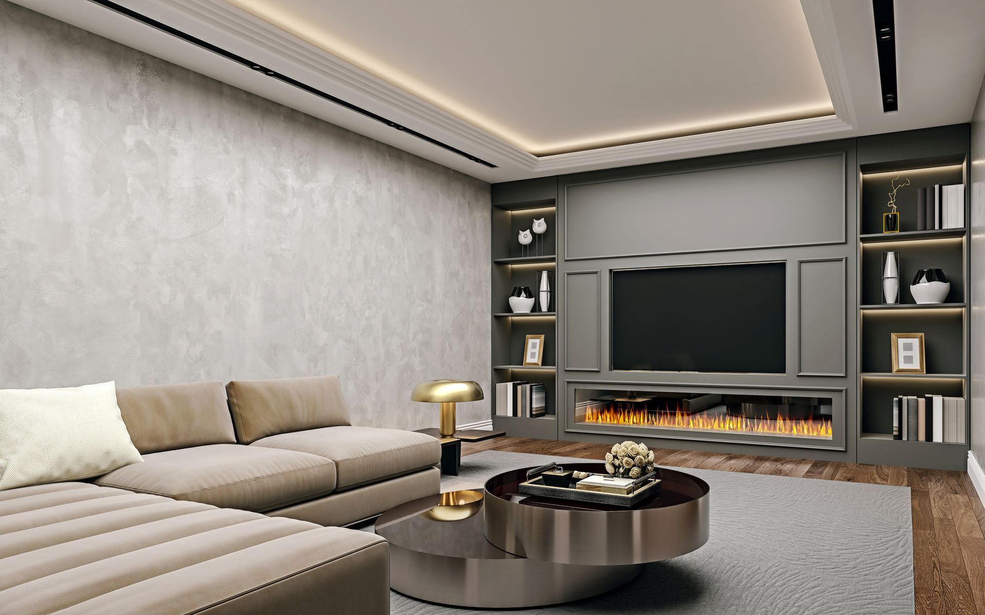 Living room with gray walls, fireplace, built-in shelving, sofa, and coffee table.
