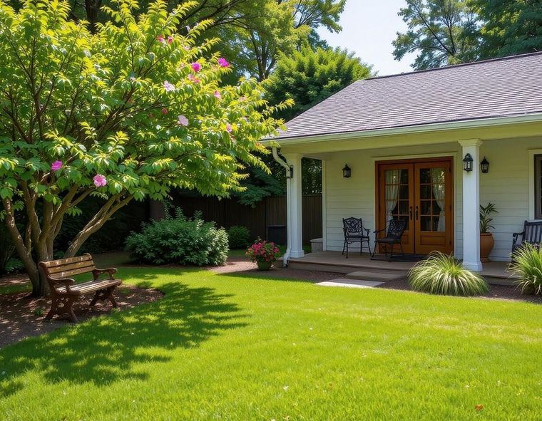 A view of a green grassy backyard extending from a gray-sided house toward a neighboring house and treeline.