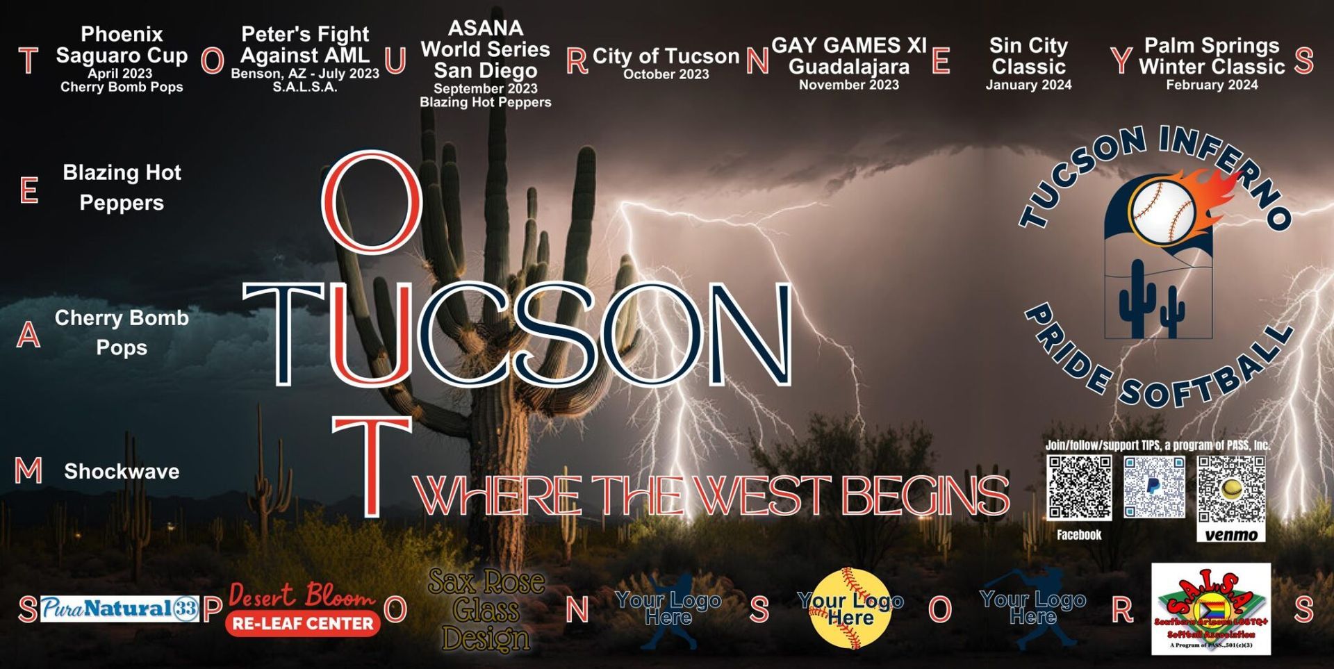 Out in Tucson (Where the West Begins) Banner with early softball tournaments and sponsors