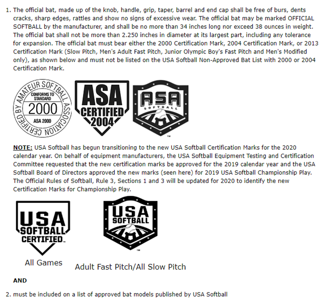 Bat certification marks per USA Softball