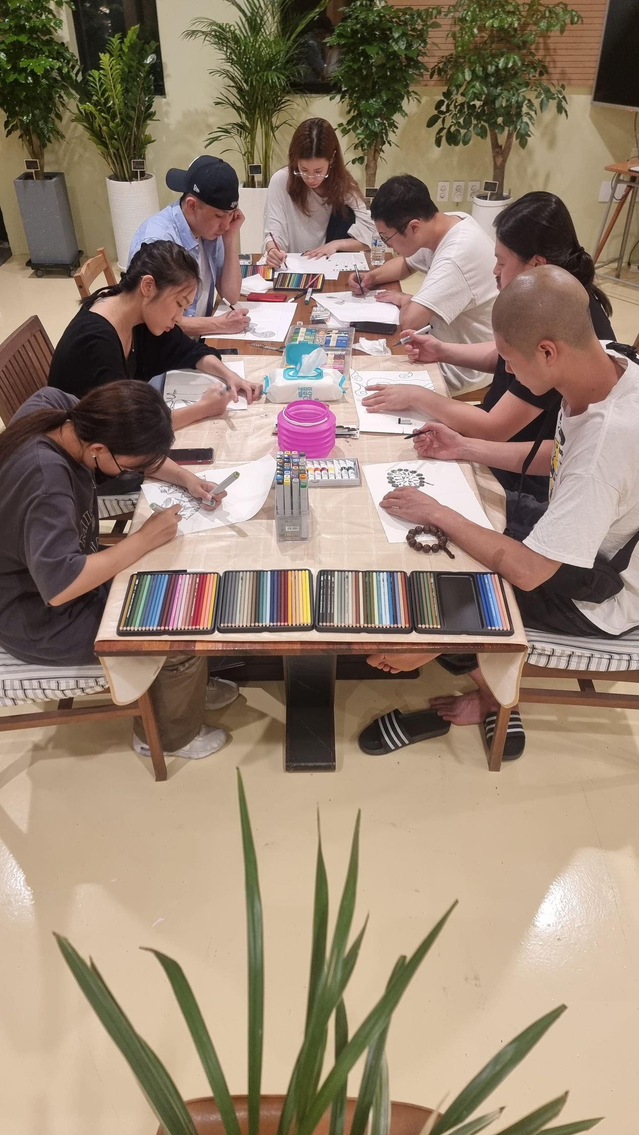 People seated around a table are drawing. They use pencils, and there are art supplies on the table.