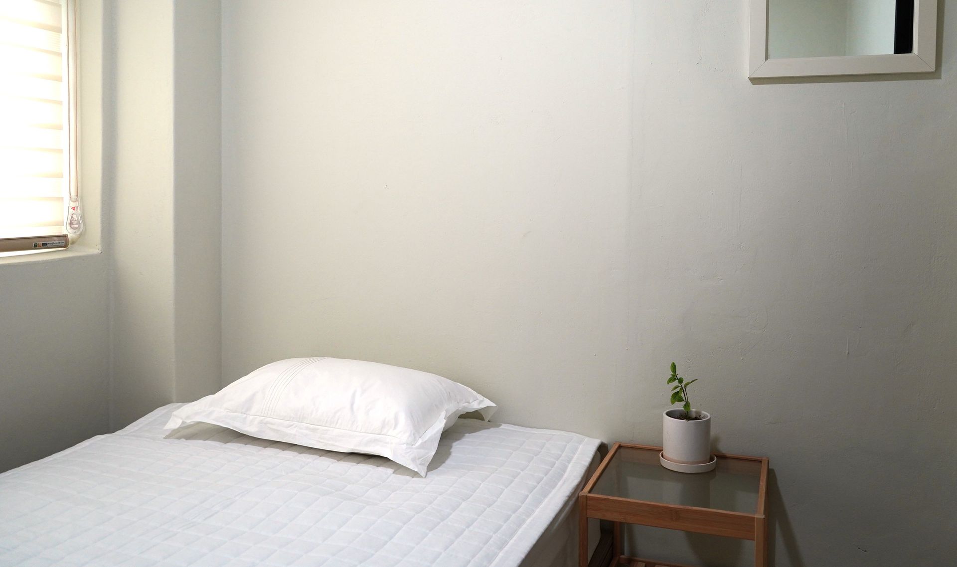 A small, minimalist white bedroom with a single bed, pillow, and a small plant on a bedside table.