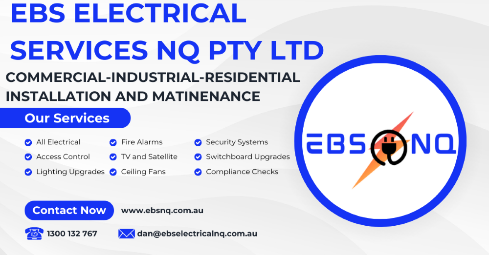 EBS Electrical Services ad with blue logo, contact details, and installation and maintenance services text — EBS NQ Electronic Building Systems in Kirwan, QLD