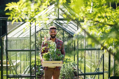 Man holding a wooden crate of plants, standing in front of a greenhouse. Green trees surround him.