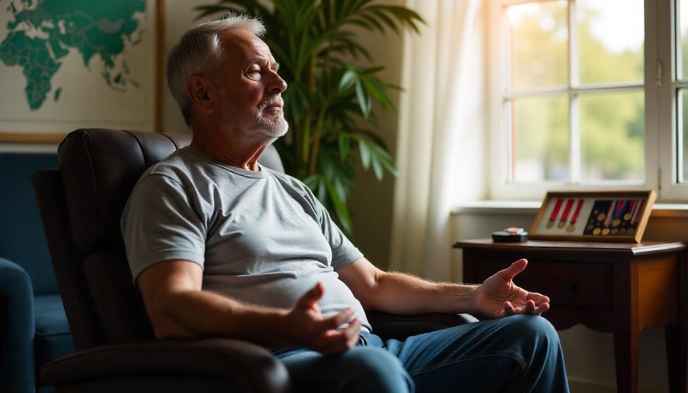 A retired veteran in a gray t-shirt and blue jeans sitting in Dayton eyes closed in meditation after hypnotherapy session