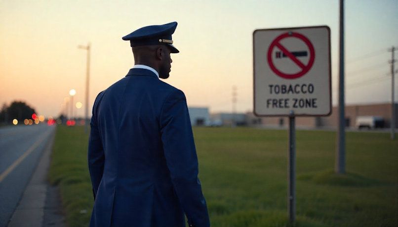 A senior African American Air Force member, male, in dress blues, walking confidently past a faded “Tobacco-Free Zone” sign at Wright-Patterson AFB on a clear spring evening.