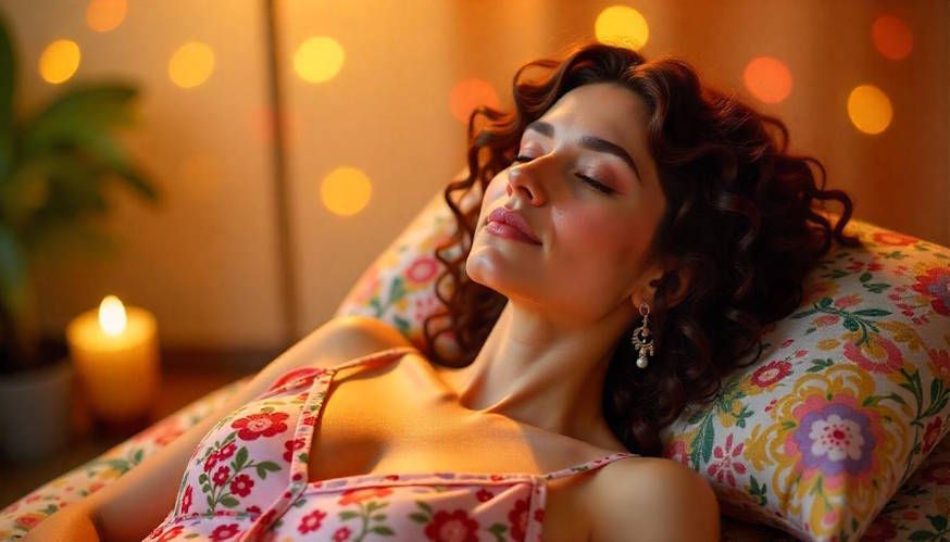 A vibrant therapy space in Centerville during a bright spring day, showing a Hispanic woman deeply relaxed radiating calm
