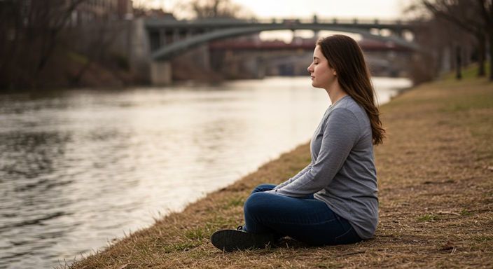 A young woman sitting by the Great Miami River in Dayton, eyes closed, practicing calm breathing