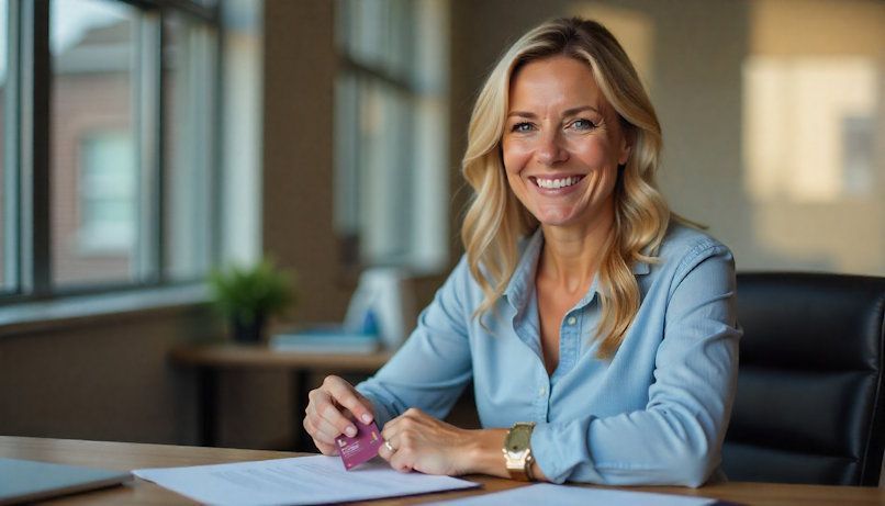 A professional woman in her 40s sitting at a desk in Dayton, Ohio, holding an HSA FSA debit card with a doctor’s office in the background
