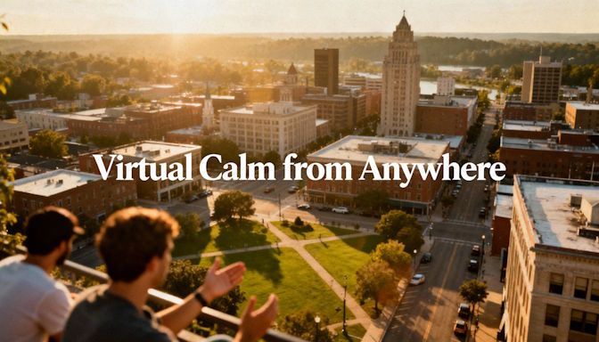 Aerial view of downtown Dayton with overlay text: “Virtual Calm from Anywhere.”