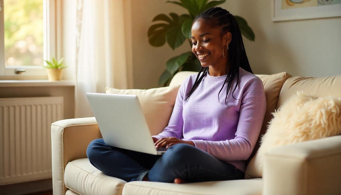 African-American woman in a cozy Dayton living room, sitting cross-legged on a plush, cream-colored couch on a Zoom hypnosis session smiling peacefully
