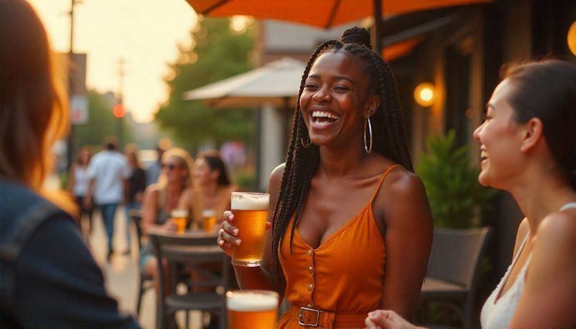 An African American woman laughing while holding a beer at a trendy brewery patio in the Oregon District