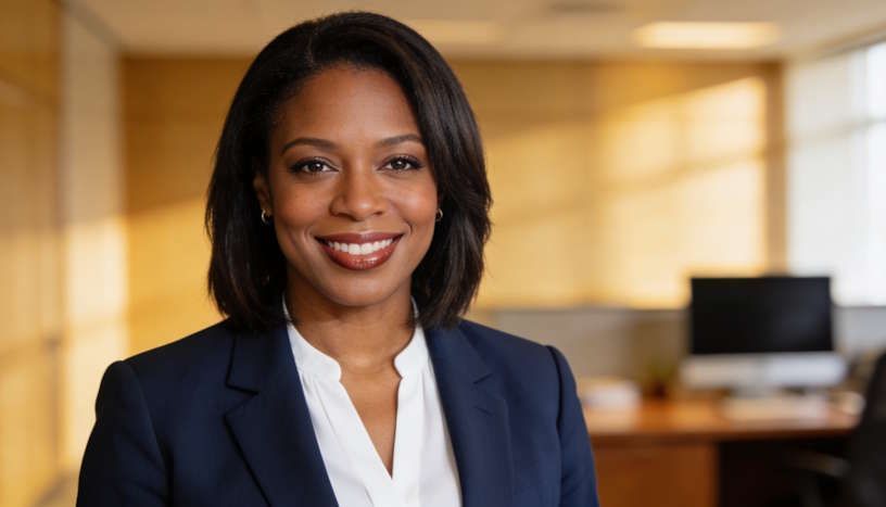 Carla a 38‑year‑old bank manager from West Carrollton smiling in her suit at her office