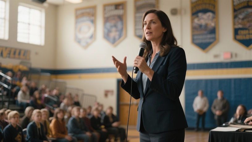 Centerville teacher speaking in front of a gym full of students