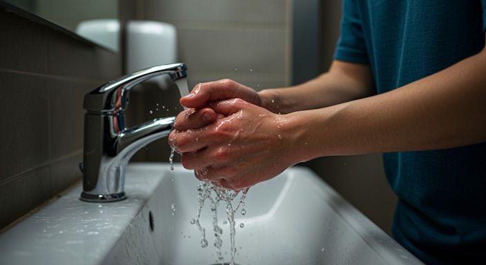 Close-up of a person standing at a public restroom sink scrubbing their hands intensely under running water with hands red and raw