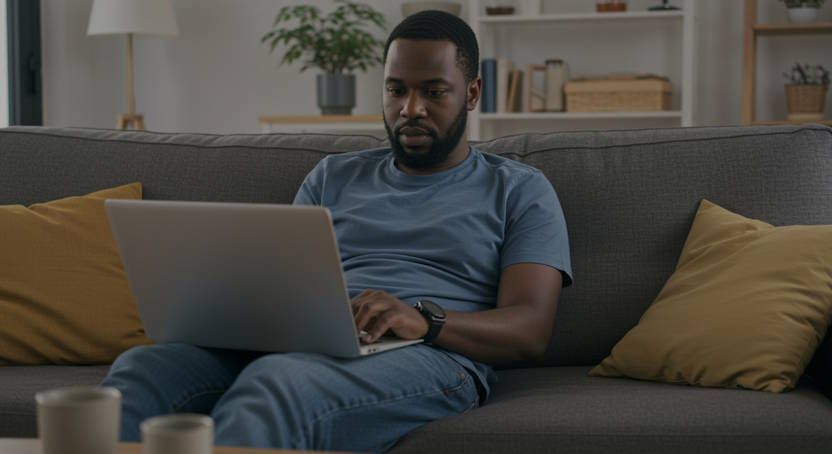 Dayton Man looking for a hypnotist on his laptop while sitting on his living room couch
