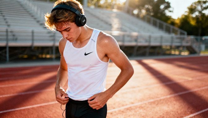 Dayton high school athlete focusing before a race, headphones on, calm expression.