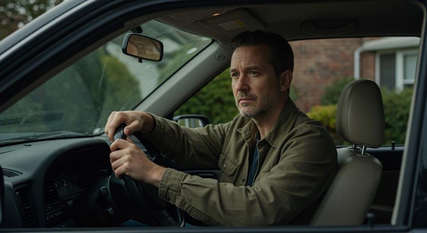 Dayton man sitting in his car with a look of anxiety of his face as he get ready go to into work