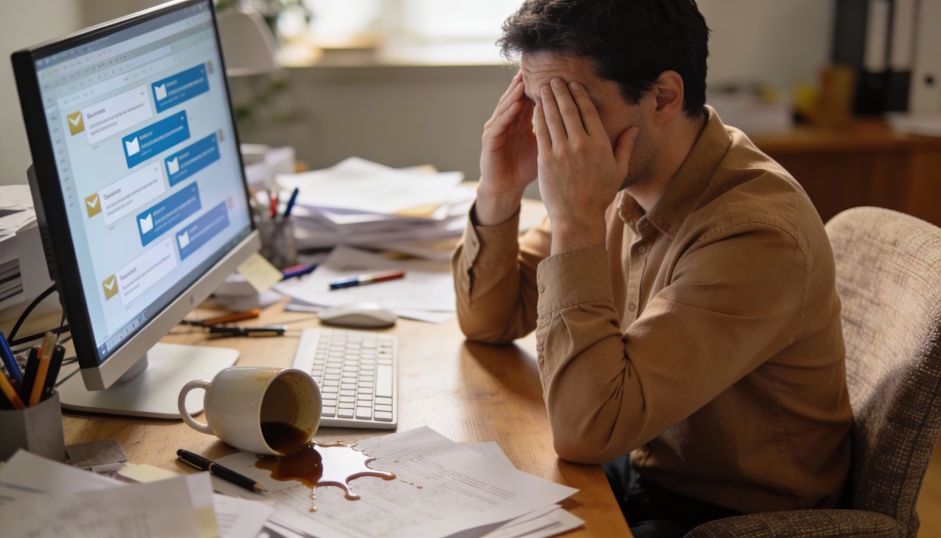 Dayton man stressed rubbing his temples, overflowing inbox notifications on screen, coffee cup spilled, chaotic desk