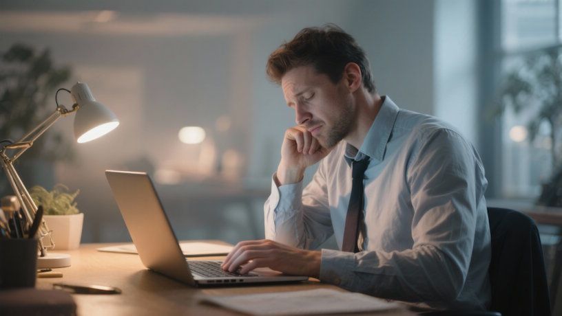 Dayton professional exhausted at the end of a long day as he closes his laptop, exhaling with relief