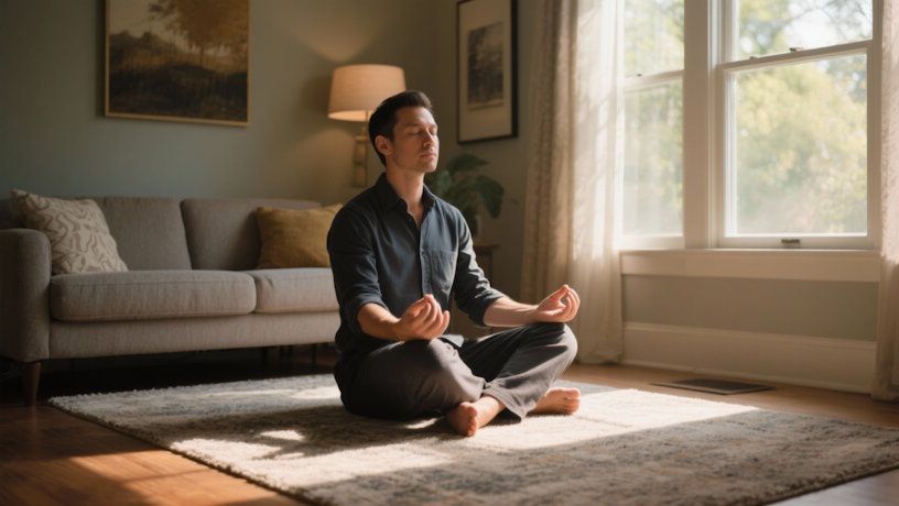 Dayton professional meditating by a sunny window sitting on the carpet in his living room with a warm decor, in the gentle morning light